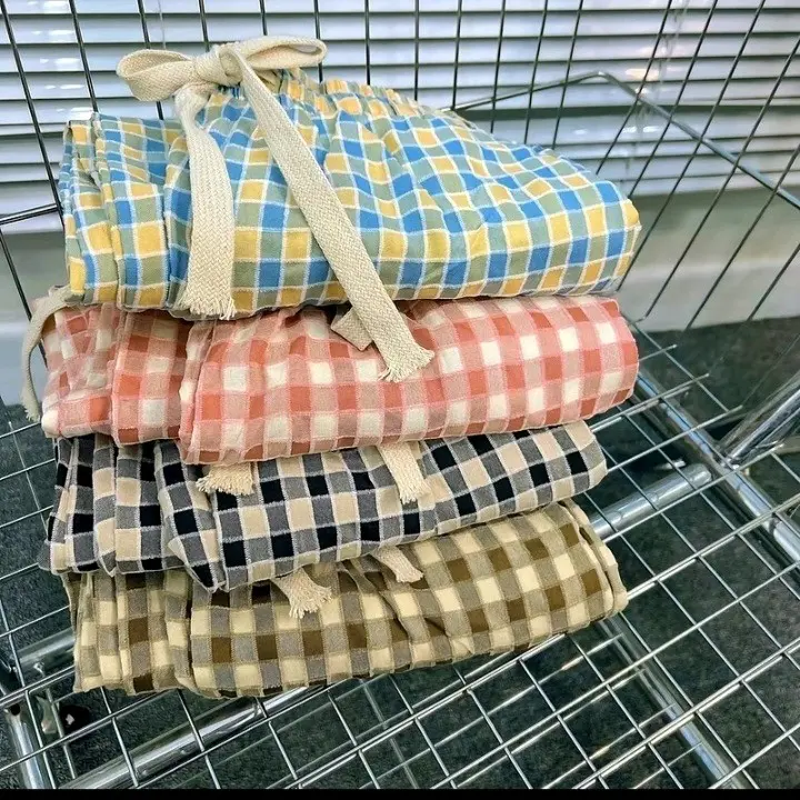 Quần Kẻ Caro Chất Mềm Mịn Ống Rộng Màu Sắc Xinh Xắn Women Nữ Hồng Pants