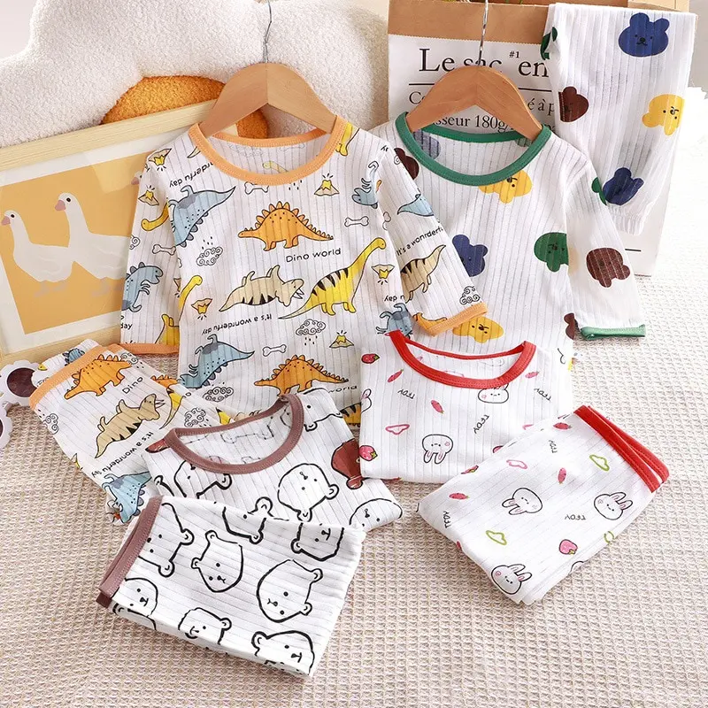 2pcs/Set Cartoon Bear Dinosaur Print Baby Long Sleeve Suit Pant Set Summer Cotton Soft Casual Children Underwear Clothing Set