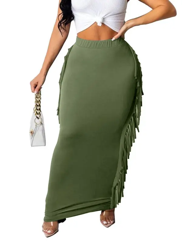 Women's Fringe Trim High Waist Pencil Skirt, Elegant Comfortable Fabric Solid Color Skirt for Party Evening Formal Occasions, Ladies Summer Clothing, Womenswear 4