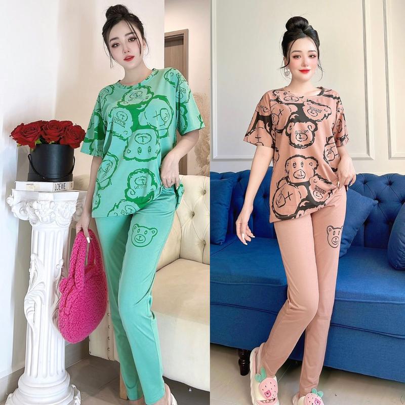  Đồ Bộ Nữ Bigsize mặc nhà Gấu In Quần Dài ESHOP Đồ bộ mặc nhà nữ thun cotton đẹp dễ thương  mặc đi chơi ngủ thoải mái phù hợp mọi lứa tuổi Áo Top Cổ Tròn Women Quần Ngủ 