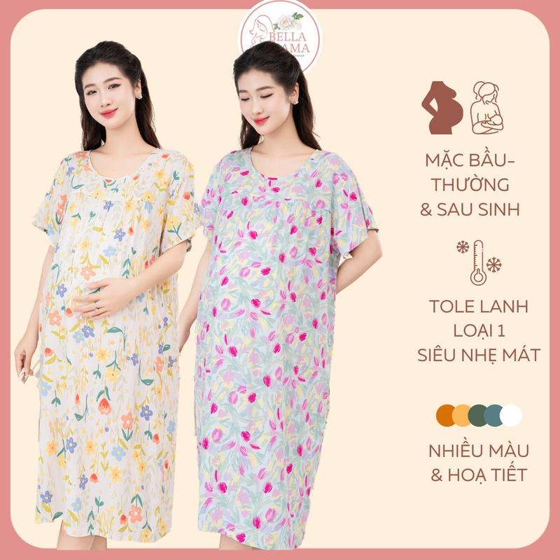 Váy bầu mặc nhà Váy ngủ bầu ngắn tay chất vải Tole Lanh loại 1 mềm mịn thoáng mát Size 48-75kg Bella Mama - VN3