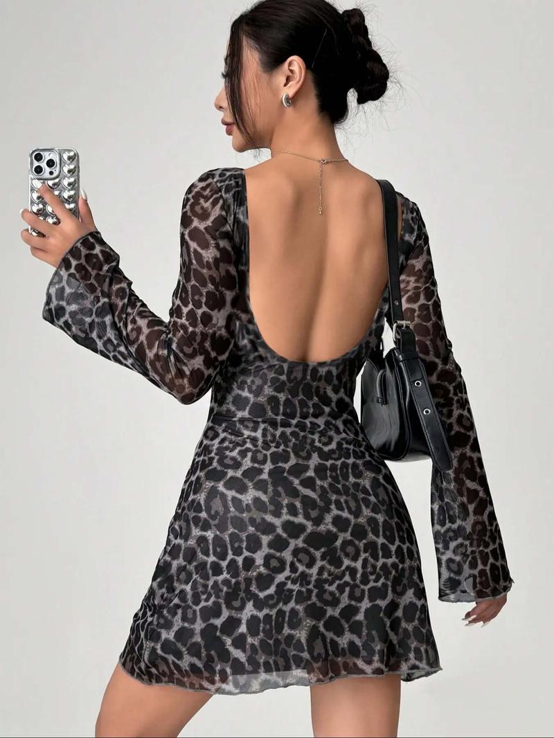Product Introduction of Women's Leopard Print Backless Mesh Dress, Fashion Casual Boat Neck Flounce Sleeve Short Dress for Daily Outdoor Wear, Women Dress for Spring Fall, Valentine's Day Gift for Girl, Dresses for Women, Holiday Dresses 6
