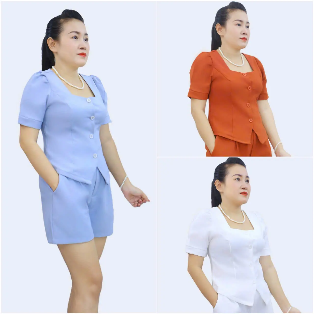 Set Vest Tay Ngắn,Vải Pho Mát Mịn,Nhiều Màu Sang Chảnh,Thời Trang Đường Phố Sang Trọng