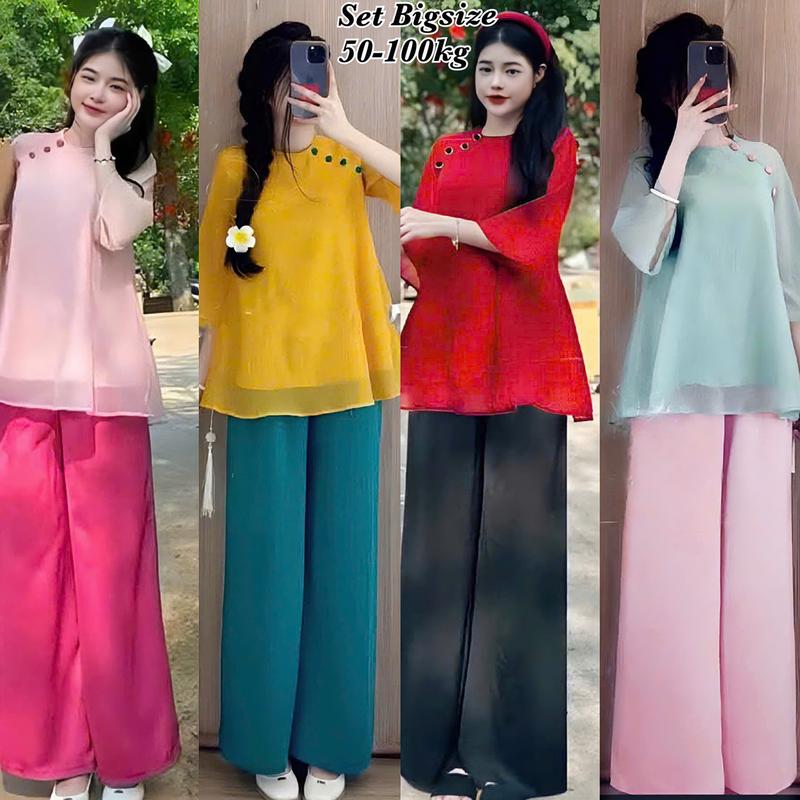 Set Bộ Đồ Bà Ba Cách Tân Bigsize Nữ Mặc Nhà, Đi Lễ Chùa Áo Hoa Cổ Tàu 2 Lớp Nút Ngọc Trai Kèm Quần Dài Vải Lụa Cao Cấp Thanh Lịch Sang Trọng 50-95kg Áo Top Đồ Lam Pháp Phục Bigsize Women Tay Loe Nhung Ống Loe Dài Tay Đen Voi Ong dobo nguoi - 2365