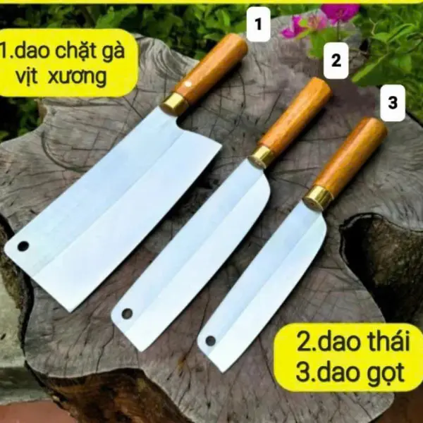 Combo 3 dao thép không rỉ - 1 Dao chặt gà xương, 1 dao thái, 1 dao gọt hoa quả tặng kèm 1 dao bổ cau