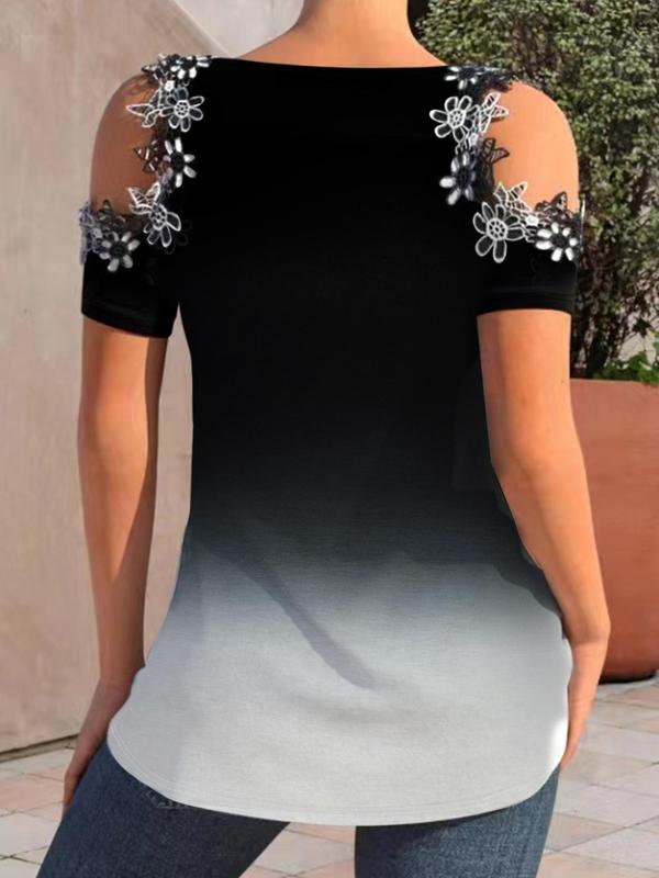 Plus Size Ombre Cold Shoulder Contrast Lace Tee, Summer Clothes, Casual Criss Cross Short Sleeve T-Shirt for Summer, Women's Plus Clothing for Daily Wear 1