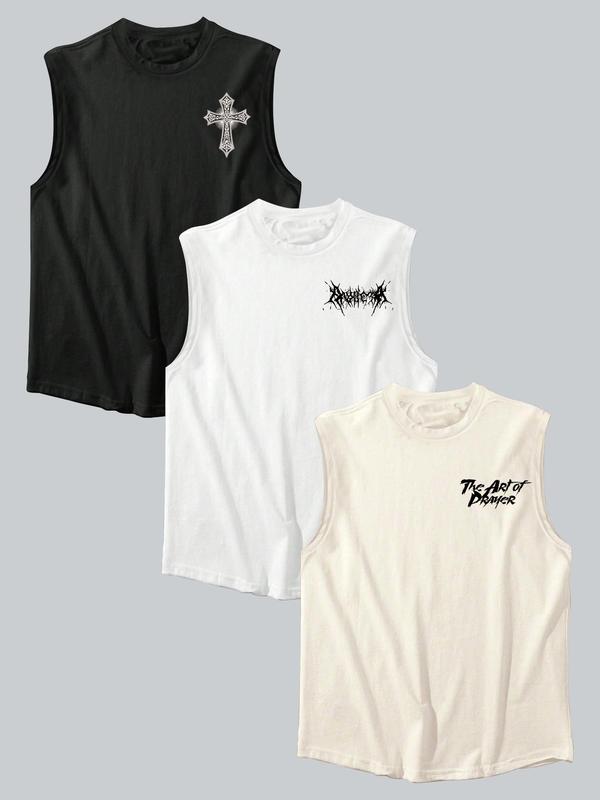 Men's Letter & City & Coconut Tree Print Tank Top, Regular Fit Casual Sleeveless Round Neck Top for Summer, Men's Top for Daily Wear, Clothing 5