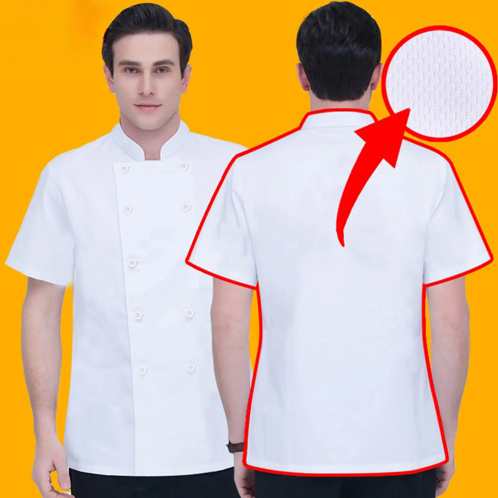 Đồng Phục Đầu Bếp Khách Sạn Nhà Bếp, Unisex, Áo Sơ Mi ngắn Tay Cổ Chân Đế Lưng Lưới, Hai Ngực, Áo Khoác Đầu Bếp, Thích Hợp Cho Phục Vụ Thực Phẩm Và Phục Vụ, Quần Áo, [kounis]