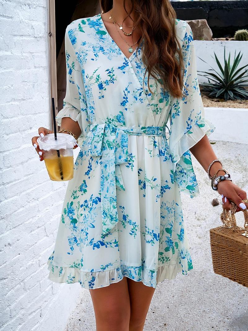 Product Introduction of Women's Ditsy Floral Print V Neck Short Dress, Elegant Flounce Sleeve Tie Waist Dress for Summer, Ladies Clothes for Beach Holiday 4