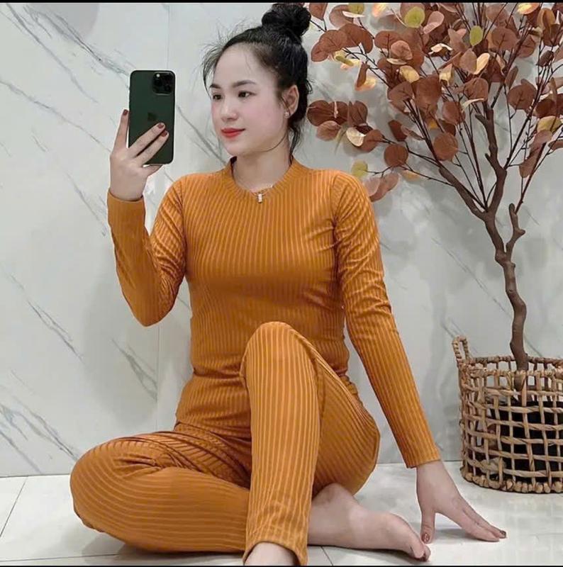 Set bộ nữ,bộ ủ kem chất thun gân đũi tay dài quần dài size 45kg-72kg 2