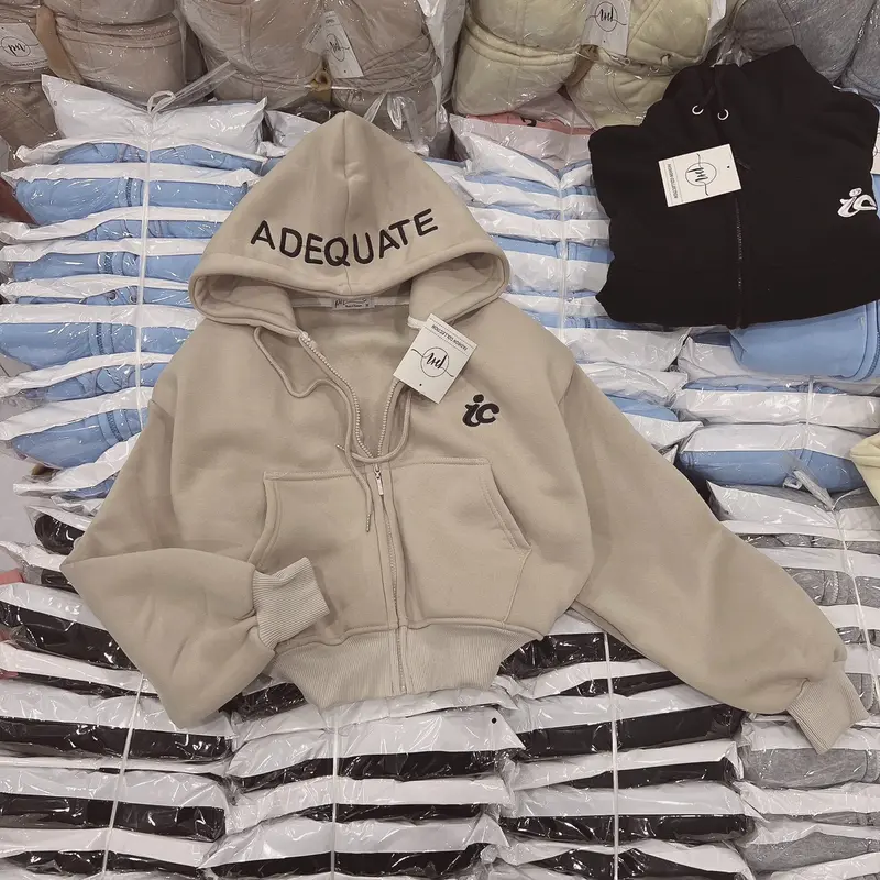 Áo Khoác Hoodie Croptop Phối 4 Túi Dáng Lửng Nỉ Dáng Rộng Tay Bồng Thêu Chữ IC Nữ Women 0