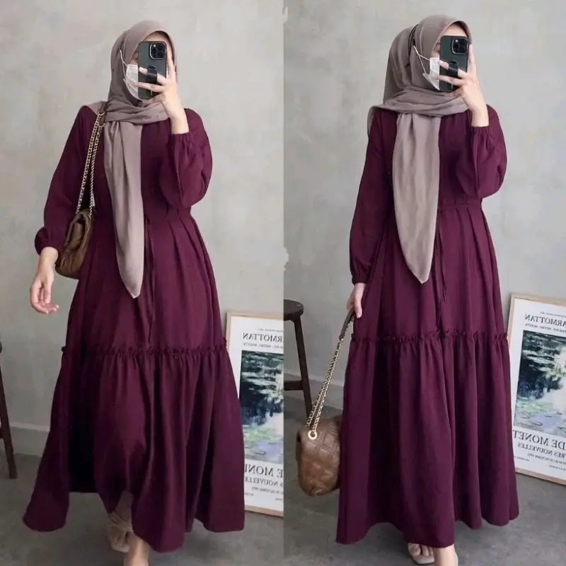 [ Spesial Ramadhan ] Rosaline Dress | Gamis Kondangan Simple Maxi Muslim Wanita Dewasa Kain Lengan Karet Variasi Ruffle Crinkle Airflow Crepe Warna Burgundy 1