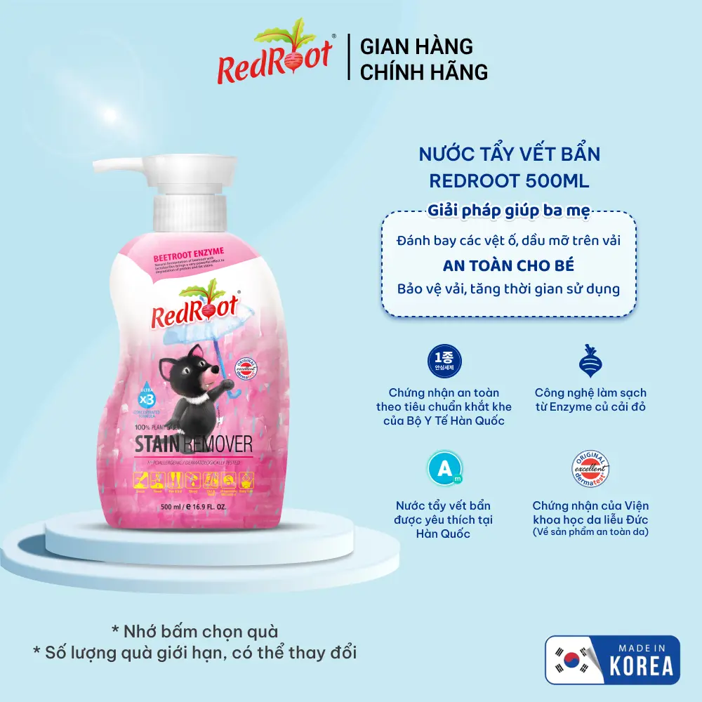 Nước Tẩy Vết Bẩn Quần Áo Cho Bé Redroot, Tẩy Vệt Ố, Dầu Mỡ, Kháng Khuẩn, Chai 500ml - Chính Hãng