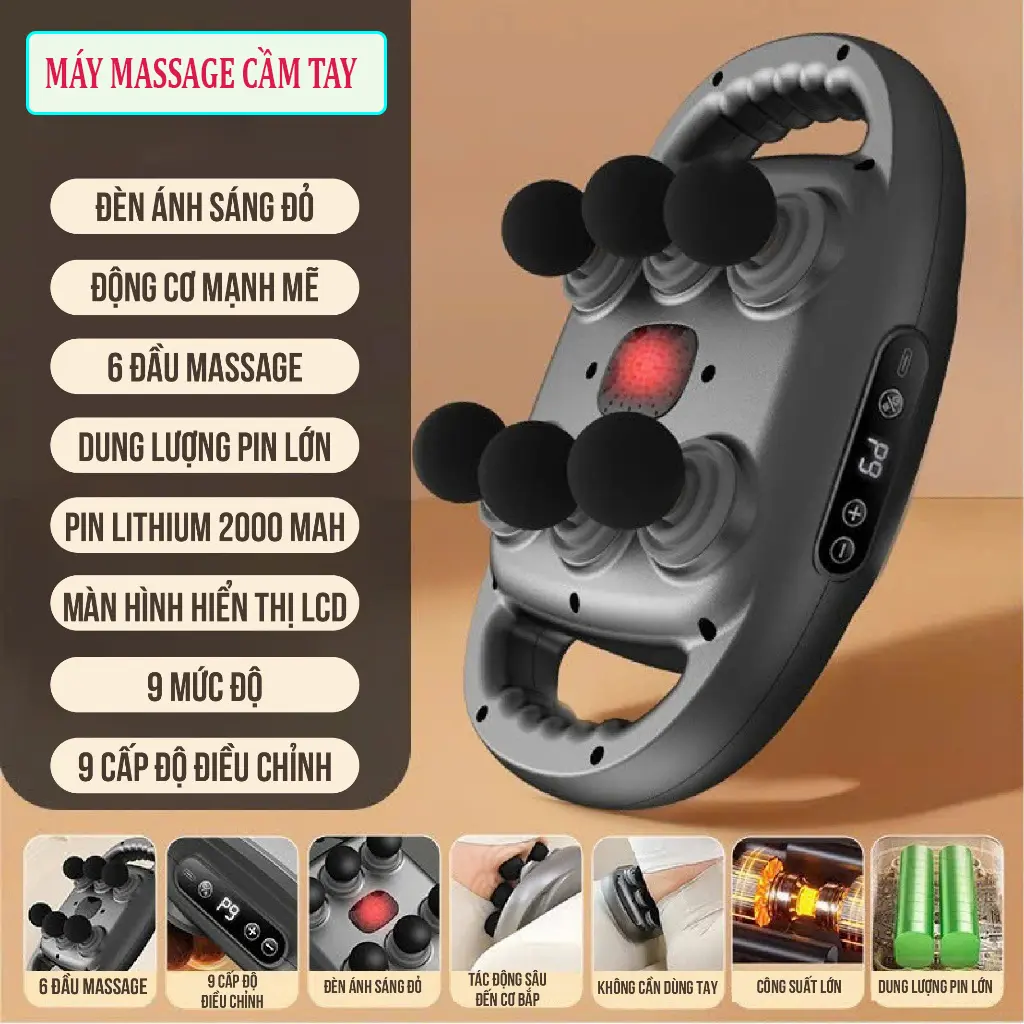 Máy Massage Cầm Tay 6 Bi Thế Hệ Mới 6 Đầu Rung Tần Số 9 Mức, Máy Mát Xa Toàn Thân Bản Nâng Cấp, Máy Massage Chân, Máy Massa Lưng