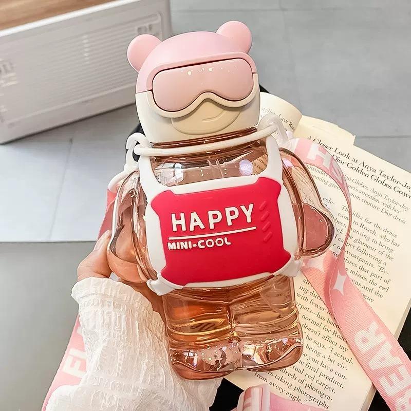 800ml Cartoon Design Water Bottle, 1 Count Portable Cute Water Bottle With Straw & Lanyard, Drinking Bottle For Student 4