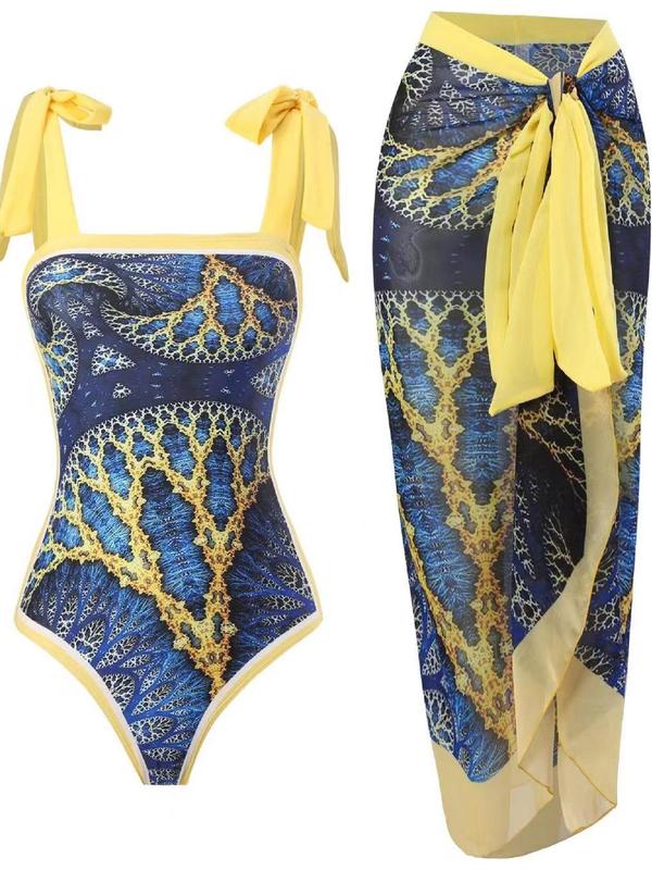 Women's All Over Print Knot Swimsuit Set, Boho Wrap Skirt & Sleeveless Bodysuit, Chic Swimwear For Beach Vacation, Bikini Sets, Ladies Summer Clothes 0