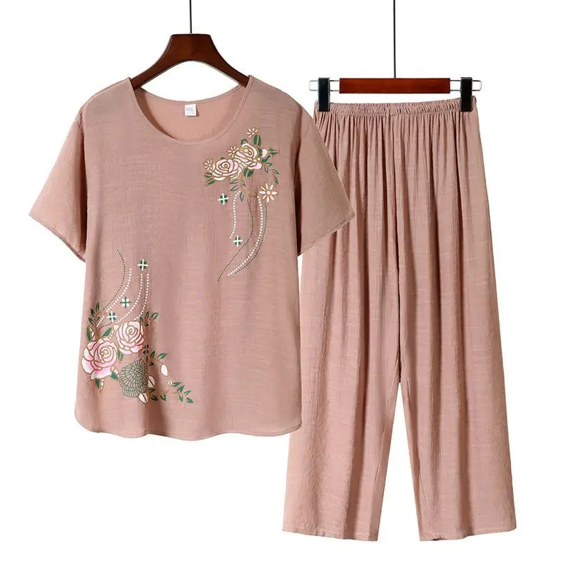 Bộ Đồ Hai Mảnh Cho Mẹ Trung Niên Áo ngắn Tay Gai Dầu Cotton Nguyên Chất Mùa Hè, Đồ Ngủ Phong Cách Phương Tây Thời Trang Mùa Hè, Đồ Mặc Nhà, Có Thể Mặc Ngoài Trời