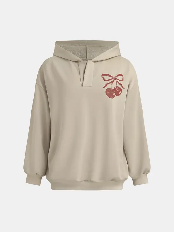 YOZY Women's Cherry Print Drop Shoulder Hoodie, Fashion Casual Long Sleeve Hooded Sweatshirt for Daily Holiday Outdoor Wear, Women Clothing for Fall & Winter 3