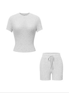 Two-Piece Set Women's Solid Round Neck Tee & Drawstring Waist Shorts Set, Casual Short Sleeve T-shirt & Shorts, Ladies Summer Clothes, Womenswear