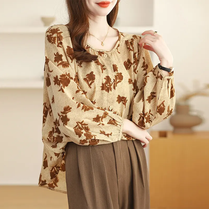 New Fashion High Quality Fabrics Loose 3/4 Sleeve Khaki Thailand Women Blouse Casual Travel Work Top Wanita Panjang Atasan 2