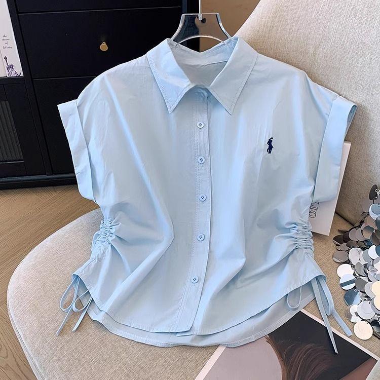 Áo Sơ Mi ngắn Tay Thiết Kế Dây Rút Phong Cách Hồng Kông, Ngọt Ngào Và Ngầu, Cổ Polo Thêu, Dành Cho Nữ, Trang Phục Mùa Hè, Áo Cardigan Không Đều Thanh Lịch 4