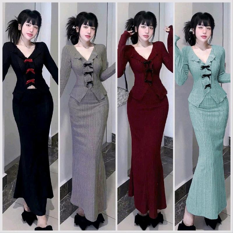 Sét áo tay dài cổ V đính nơ bèo phối chân váy xòe dáng dài siêu cưng thiết kế đi tiệc ,đi chơi _ Chất thun tăm thái dày dặn H172 vay sang vaytet