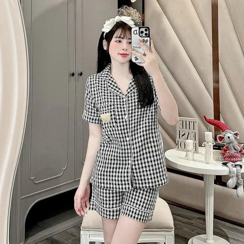 Set mặc nhà Nữ Đồ ngủ bộ pyjama nữ kẻ caro Đùi cộc chất vải thô mềm nhẹ mát