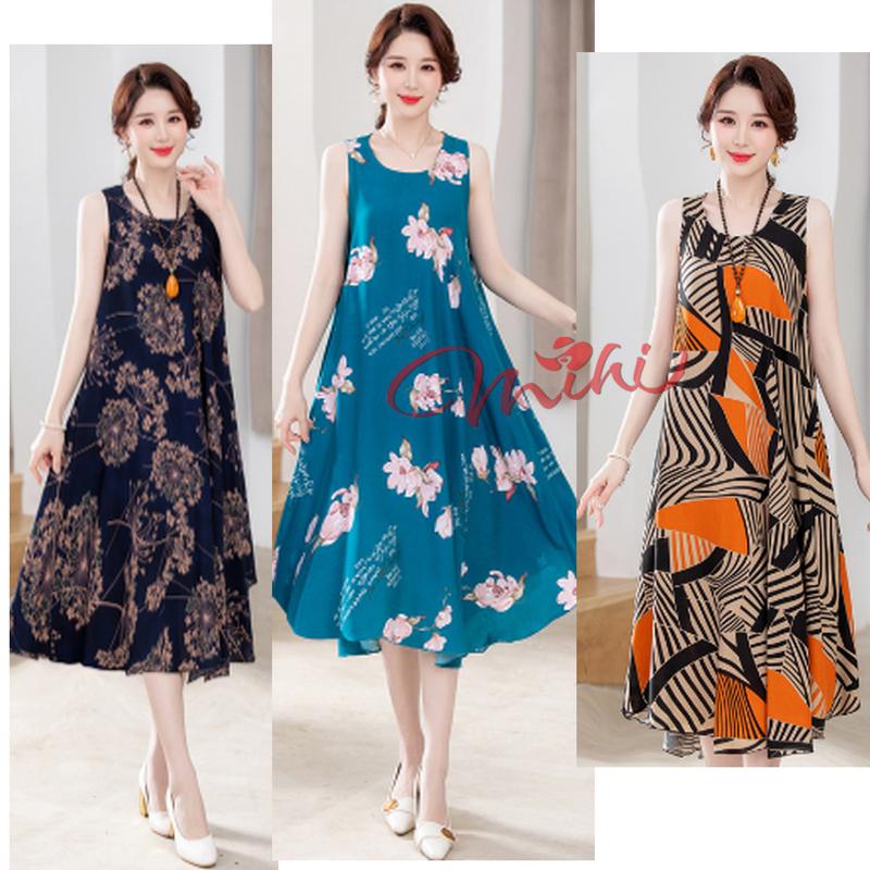Váy lanh trung niên nữ họa tiết dáng suông V18b tặng mẹ, bà - Áo đầm kiểu thời trang mùa hè, xuân, thu cho mẹ, cho bà, cho người lớn tuổi trung tuổi dài qua gối chất thun co giãn tuổi 40, 50, 60, 70 giá rẻ đẹp Bigsize, cho người mập, size lớn