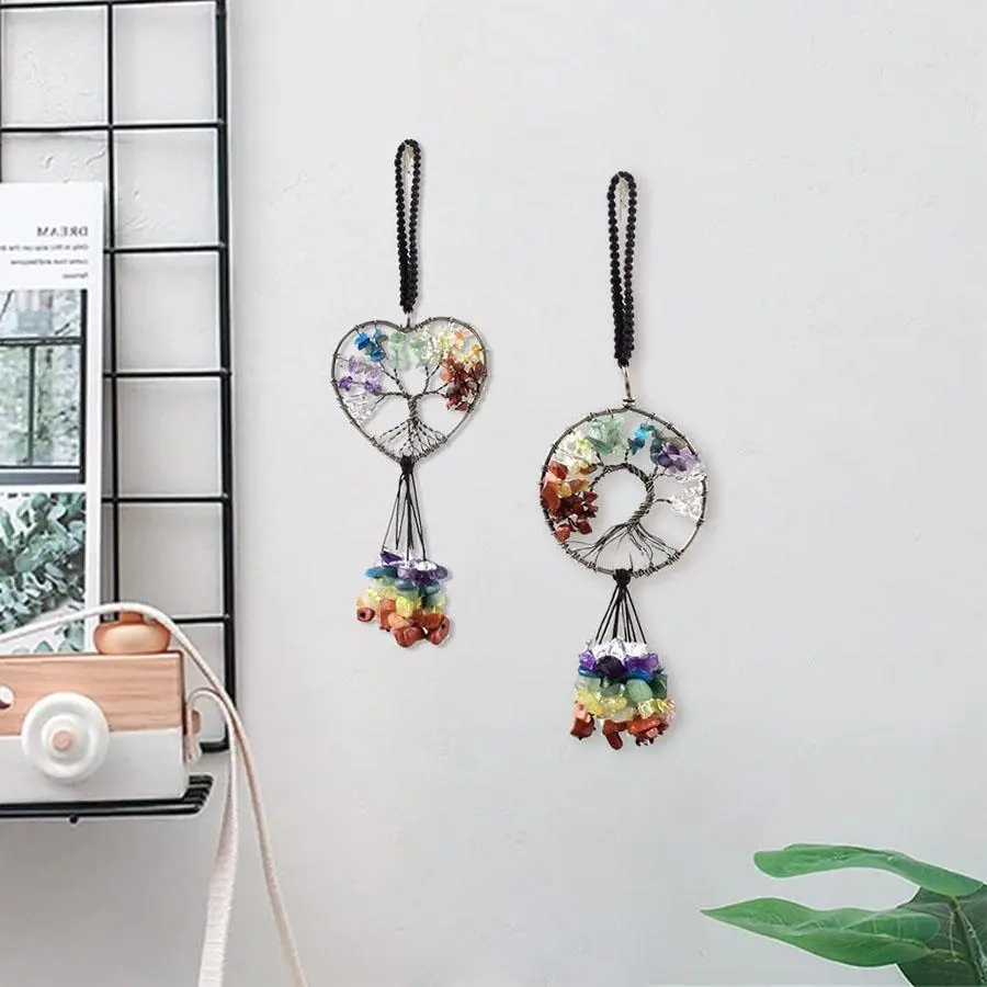 Heart Round Shaped Tree Of Life Design Car Hanging Ornament, 1 Count Colorful Natural Crushed Stone Pendant, Hanging Decoration for  Home  Car Rearview Mirror