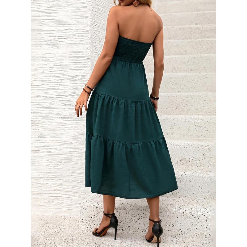 Elegant Off-Shoulder Tiered Dress - Solid Color, Shirred Waist, Machine Washable - Perfect for Spring/Summer 5