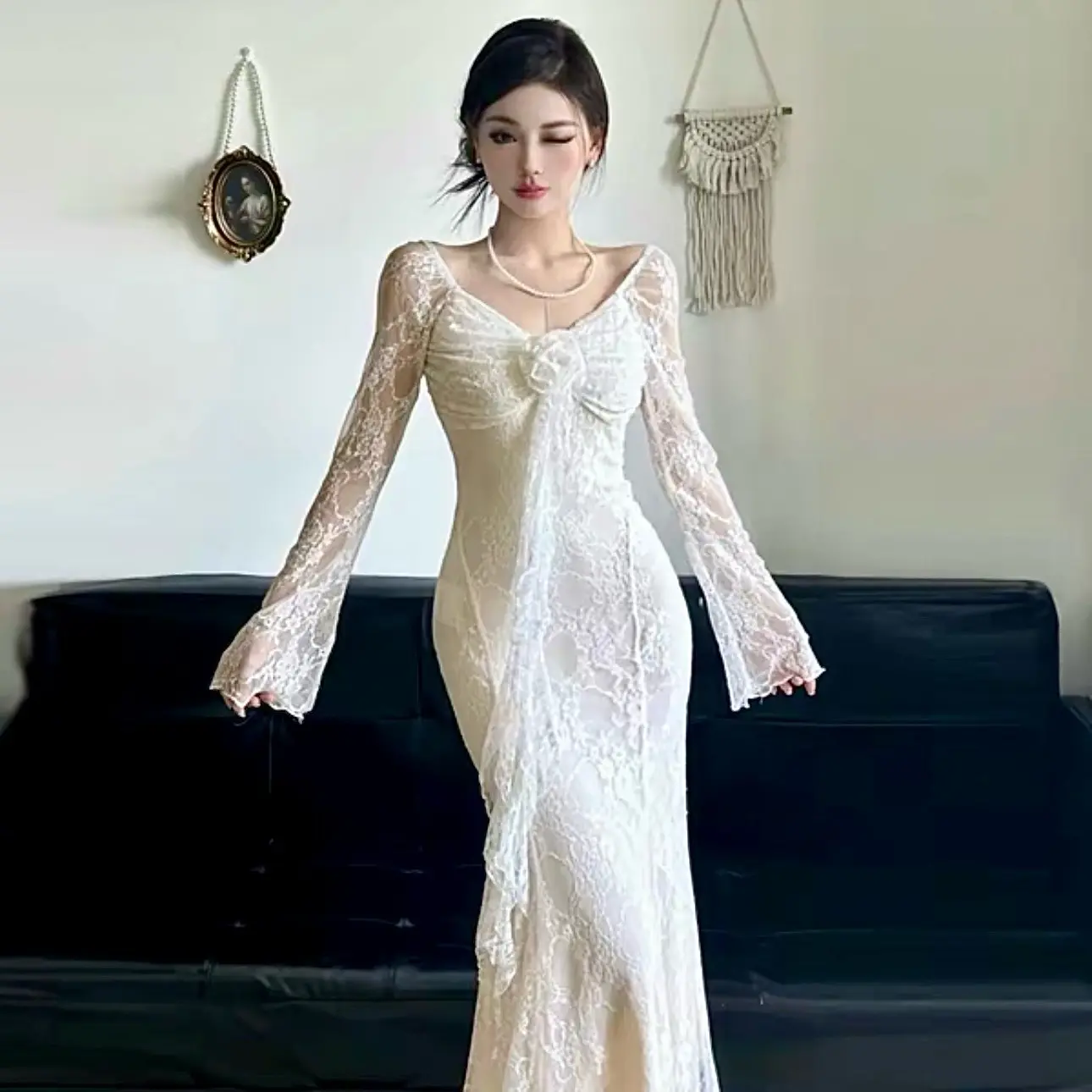 (Đầm thu đông) đuôi cá tay ống loe chất vải phối ren co giãn sang xinh