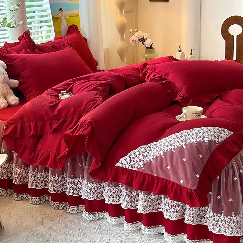 Vỏ Chăn Phong Cách Công Chúa Phong Cách Hàn Quốc, Bộ Ga Trải Giường Bốn Mảnh, Ren Trái Tim Nữ Tính, Vỏ Giường Phong Cách Cô Gái Bộ Ga Trải Giường Ba Món