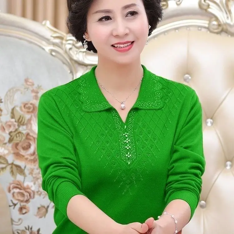 Áo Len Dài Tay, Dáng Rộng Vừa Vặn, Ve Áo, Cơ Sở, Dành Cho Quần Áo Nữ Mùa Xuân Và Mùa Thu Mới, Màu Trơn Dệt Kim, Thích Hợp Cho Mẹ TRUNG NIÊN, Áo Trên 2