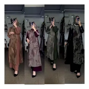 Set Midi Crinkle Mix Ceruty 3 in 1 One Set Tunik Leaf Setelan Kulot Long Tunik Jumbo Mix Crinkle