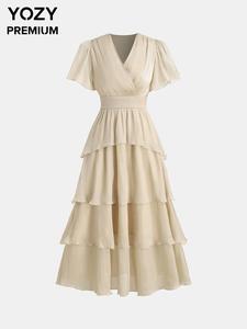 YOZY Women's Plain Shirred Tiered Layer Ruffle Trim Dress, Elegant V Neck A Line Dress for Party Holiday Wedding Guest, Ladies Summer Clothes, Dresses for Women