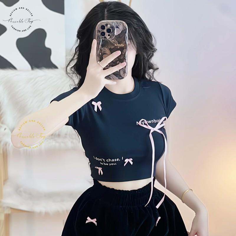 Product Introduction of Áo Croptop Borip Basic Ôm Body In Chữ "I Don't Chase" Đính Nơ Dài, MLS11, Women Thun Sen Sò Hoa Sen Trắng Kem Tre Cổ Tròn Dáng Ngắn 24