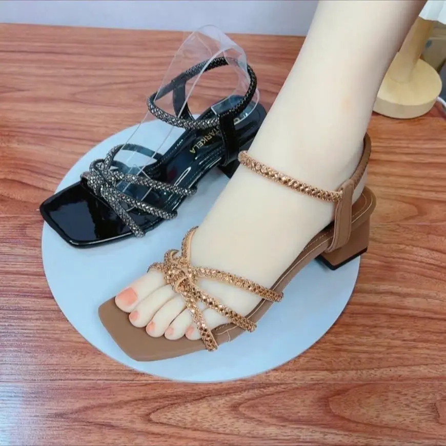 Gót sandal hậu thun dây đá,mũi dây đá thắt nơ(3 cỡ  gót 3cm,5cm và 7cm)