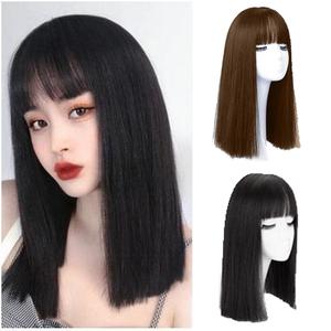 Korean Straight Wigs for Woman Hair with Bang Medium Long Full Head Cover Collarbone Wig with Net