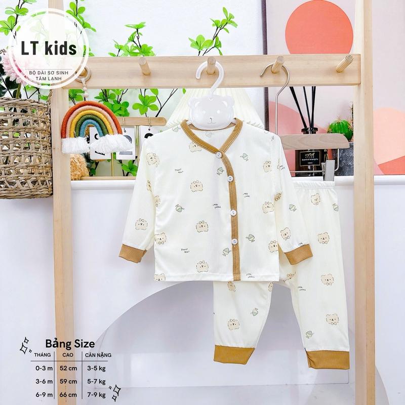 Combo 3-Combo 5 Bộ quần áo dài tay chất tăm lạnh Hàn quốc, bảng màu kem cho bé trai và bé gái, size sơ sinh 3-9kg 7