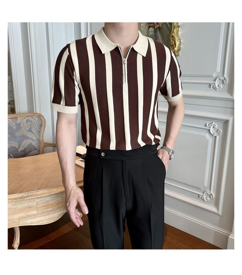 Product Introduction of Polo Collar Stripes Ice Silk Short Sleeve Men's Summer New Fashion Slim Fit Business All-Match Pu Shuai Knitted T-shirt Bottoming Shirt 10