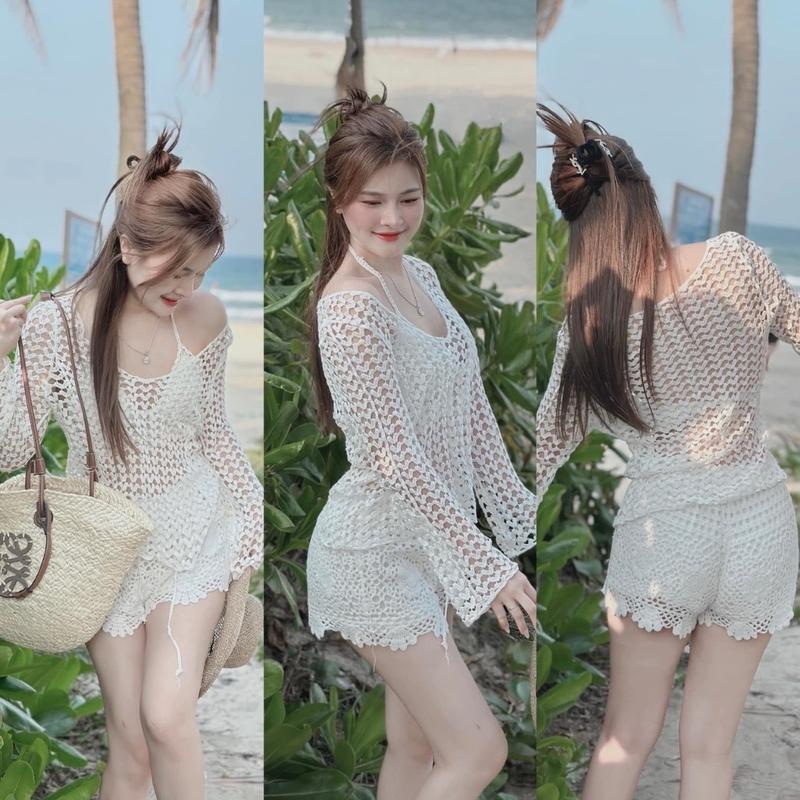 34 -Set bikini ren đi biển 3 món gồm áo lưới mặc ngoài, áo bra sợi móc,quần sóc hoa QC