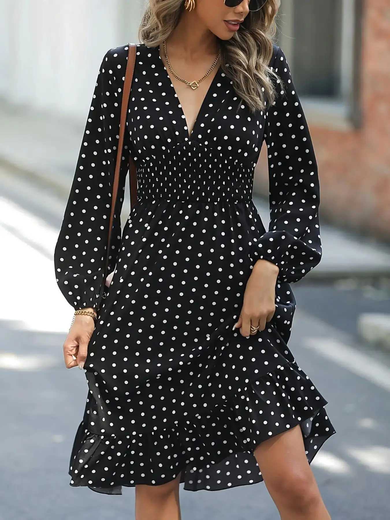 Women's Polka Dot Print Ruffle Hem A Line Dress, Elegant Bishop Sleeve V Neck Midi Dress for Summer, Fashion Women's Dress for Daily Wear