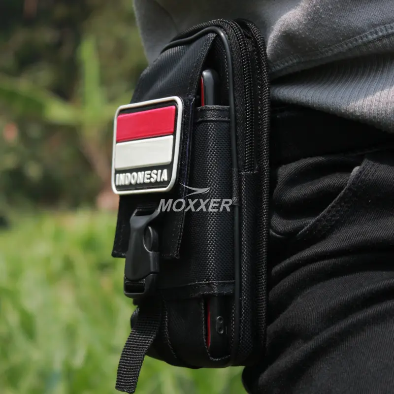 Sarung Tempat Hp Pinggang Pria Free Logo Perekat Tas Dompet Handpone Pinggang Doble Slot Resliting Pouch hp Cowok Kanvas Canvas 0