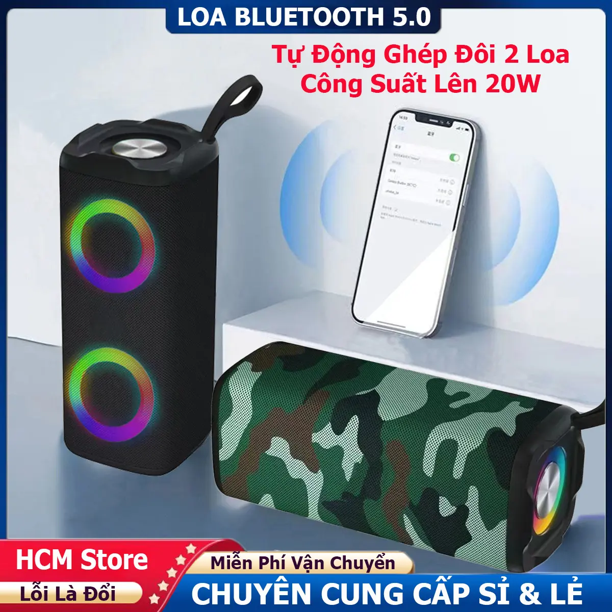 Loa bluetooth 5.0 Tự Động Kết Nối 2 Loa Với Nhau Công Suất 20W, Bass Căng Đét, Pin Trâu Nghe Nhạc Lên Đến 5 -6 Tiếng - Bảo Hành Lỗi Đổi Mới