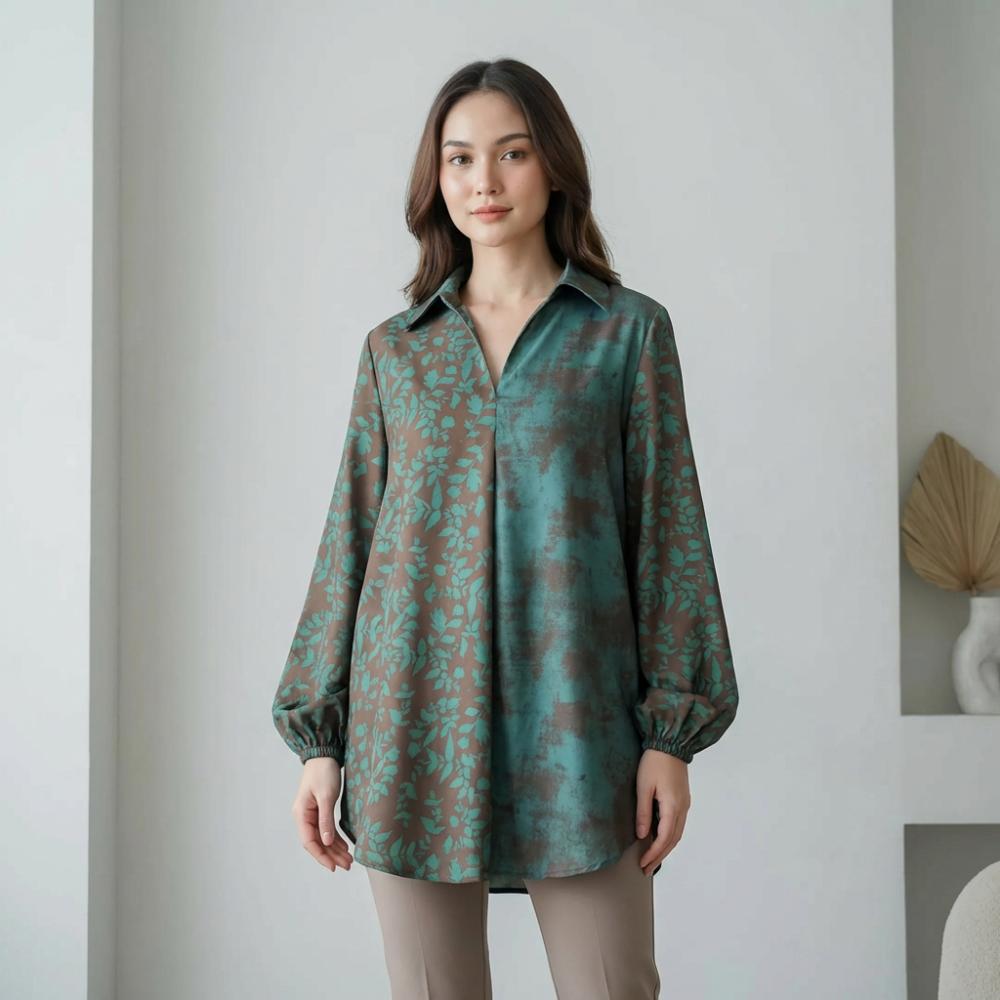 Asaya Atasan gaya retro kerah v model longgar motif cetak untuk wanita