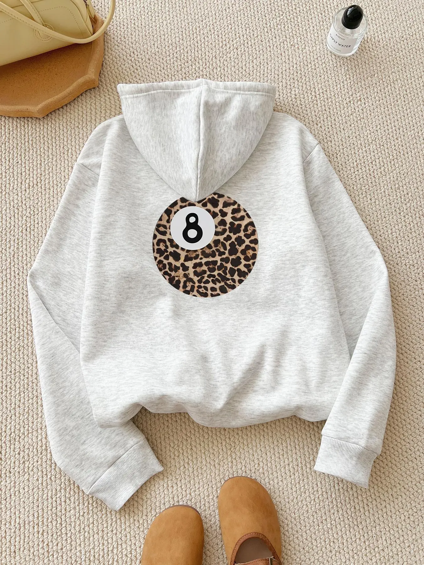 Women's Leopard & Number 8 Print Hoodie, Fashion Casual Thermal Lined Long Sleeve Hooded Sweatshirt for Daily Holiday Outdoor Wear, Women Clothes for Fall & Winter