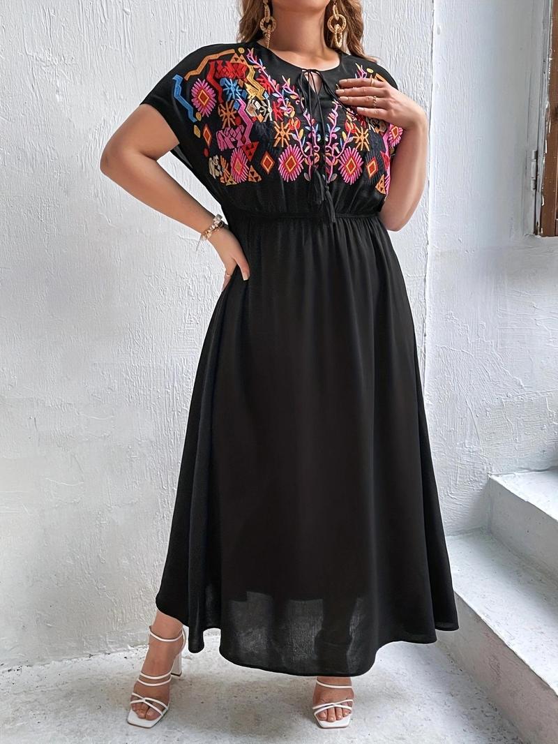Product Introduction of Plus Size Ethnic Pattern Embroidery Fringe Dress, Plus Boho Tie Neck Long Dress for Summer Beach Vacation, Women's Plus Clothes for Daily Wear, Dresses Summer, Summer Dresses 2025 4