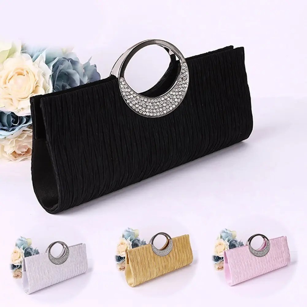 Túi Xách Sang Trọng Đính Kim Cương Giả Cho Nữ, Túi Buổi Tối Xếp Li Satin, Túi Dự Tiệc, Ví Cầm Tay