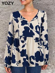 YOZY Women's All Over Floral Print Tie Neck Blouse, Casual Bishop Sleeve Top for Fall & Winter, Women's Clothing for Daily Wear