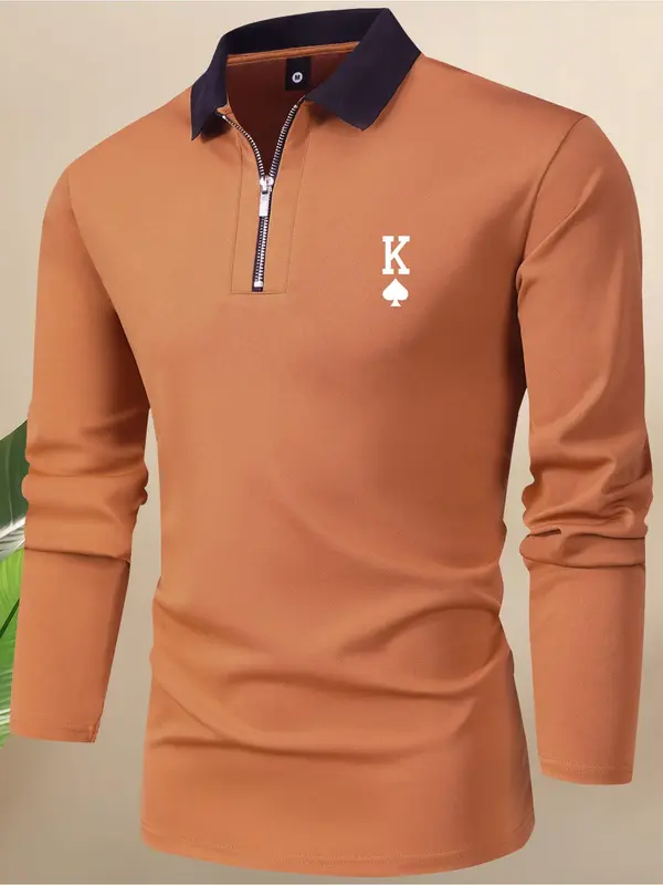 Men's Horse Print Quarter Zipper Polo Shirt, Contrast Collar Longsleeves Polo Shirt, Men's Drippy Outfits, Stylish Going Out Outfit 6